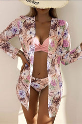Pink-Floral-Print-Low-Waist-With-Cover-Up-Three-Pieces-Bikini-Set